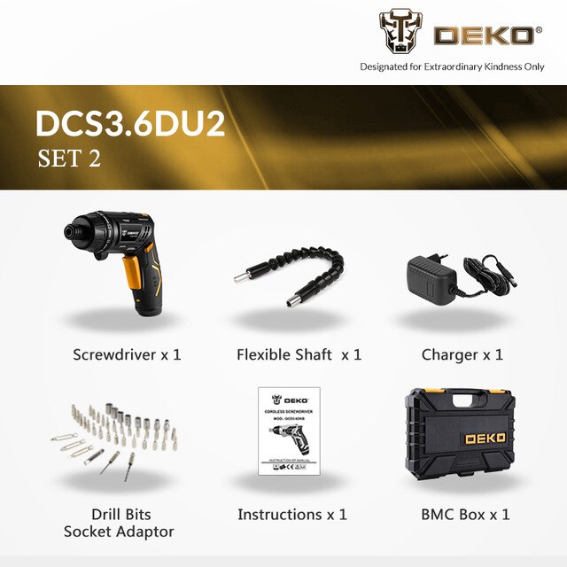 DEKO DCS3.6DU2 Cordless Electric Screwdriver Household Rechargeable battery Screwdriver with Twistable Handle with LED Torch