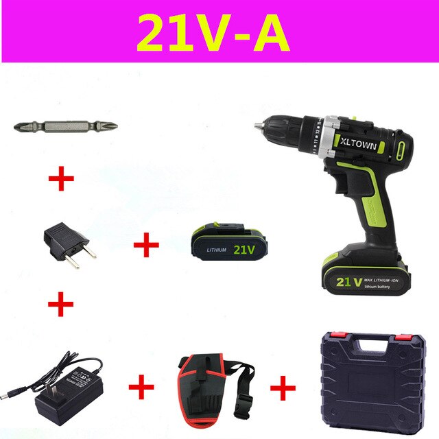 XLTOWN 21V electric screwdriver rechargeable lithium battery cordless drill with 2battery power tool Multi-function hand drill