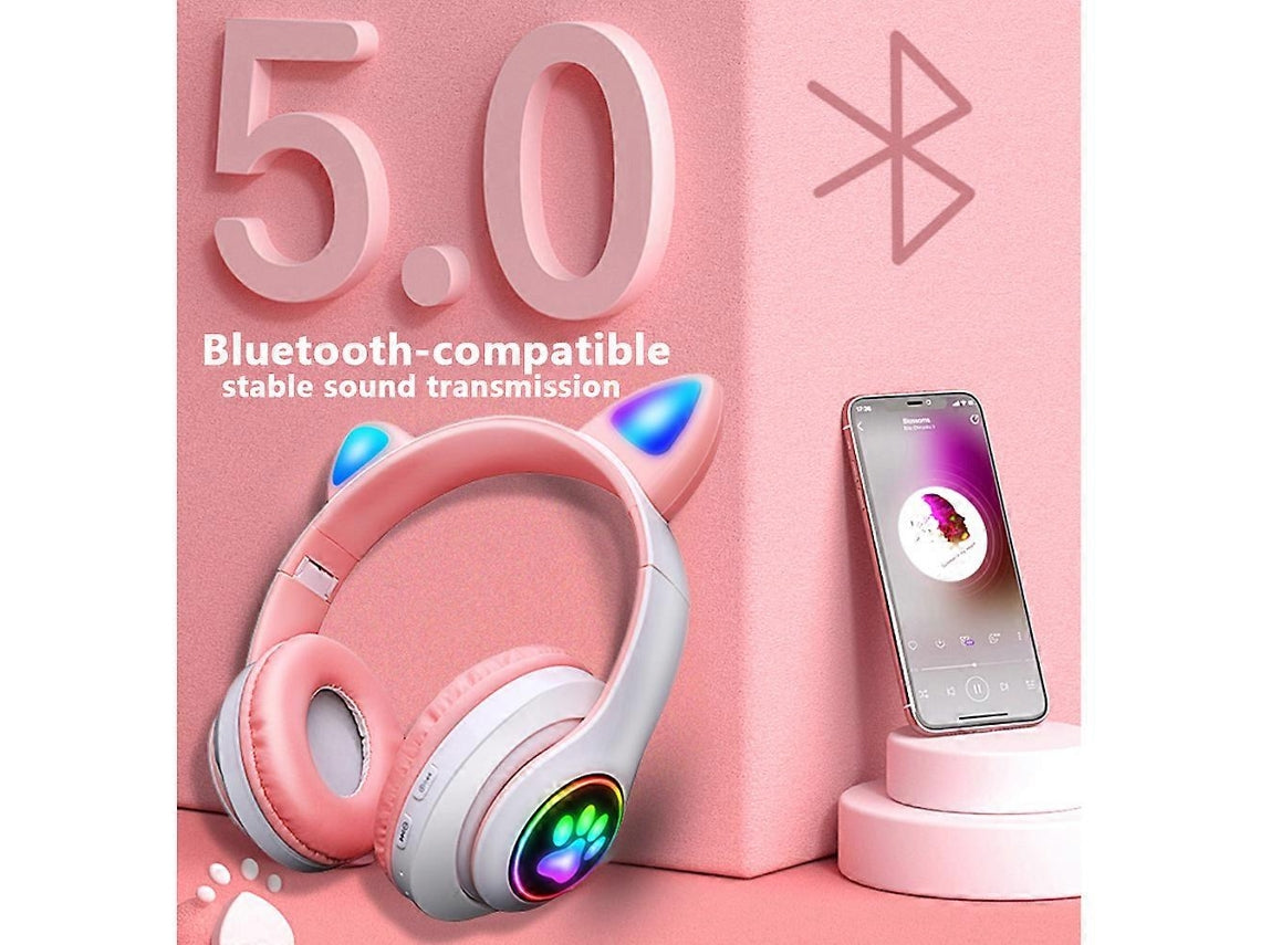 Bluetooth Headphones with Cat Ears, LED, and Removable Microphone