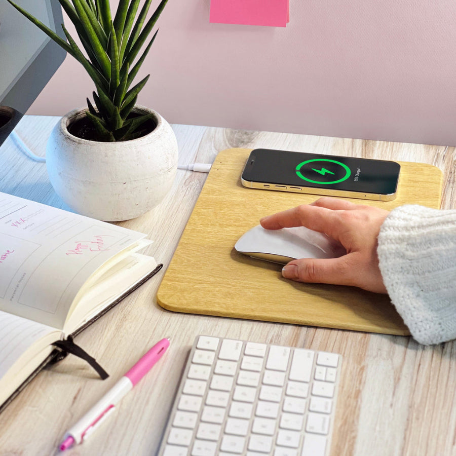 Wood Mouse Pad with Wireless Charging - Light Brown